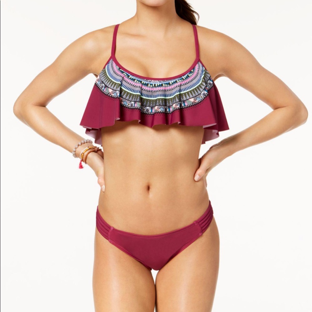 🔥CALIFORNIA WAVES🔥2-Piece Swimsuit Optic Strappy Back Flounce Bikini Med NWT - Picture 1 of 9